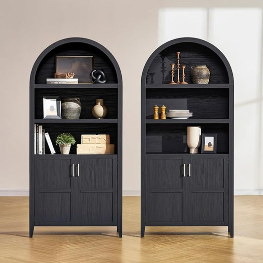mopio Lauren 77.4" Tall Arched Cabinet, 5-Tier Arched Bookcase with Doors and Adjustable Shelves, Arch Bookshelf with Storage, Wooden Storage Cabinet for Living Room and Kitchen Pantry Set of 2, Black