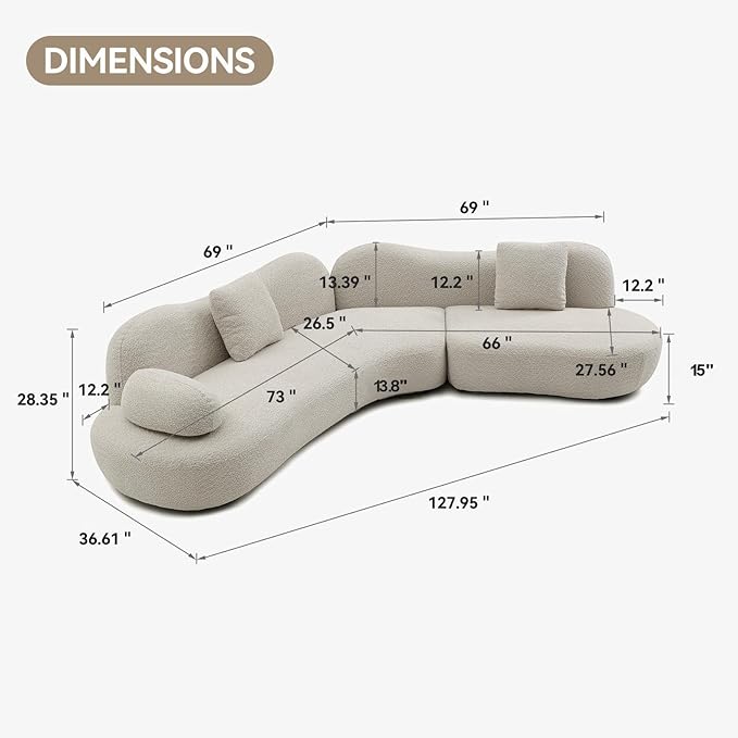 128" Luxury Curved Sectional Sofa with Ottoman, 6-Seater Boucle Couch Cloud Like Modular Sofa, Curved Sofas for Living Room, Luxury Couches with Butterfly Backrest Pillows (Beige)