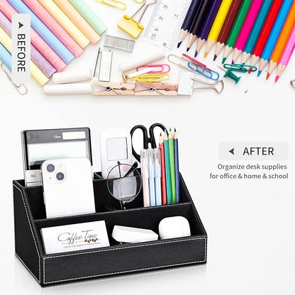 KINGFOM 5PCS Desk Organizer and Accessories Set, Pu Leather Office Supplies with Multifunction Desktop Organizer Box, Tissue Holder, Mouse Pad, Note Paper Holder, Pencil Holder for Desk Black