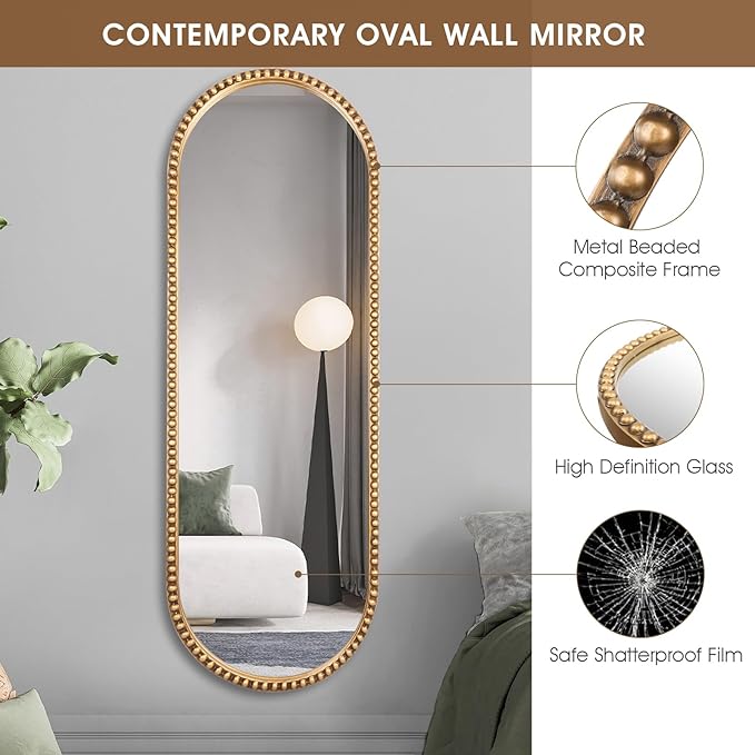 Oval Full Length Wall Mirror, 20"x53" Metal Beaded Frame Large Hanging Dressing Floor Mirror for Bedroom, Living Room, Entryway, Antique Gold (No Stand)