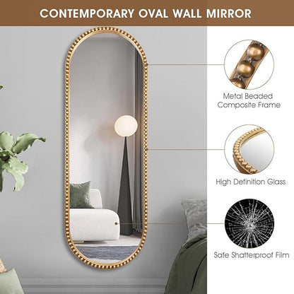 Oval Full Length Wall Mirror, 20"x53" Metal Beaded Frame Large Hanging Dressing Floor Mirror for Bedroom, Living Room, Entryway, Antique Gold (No Stand)