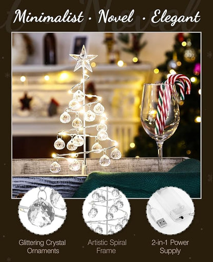 Lewondr Christmas Tree Lamp, 11 Inch Battery/USB Powered Crystal Spiral Christmas Tree Lava Lamp with Star Topper, Christmas Tree Light with Metal Stand Acrylic Balls for Home Bedroom Xmas, Silver