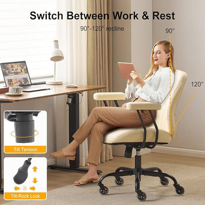 YFO Home Office Chair Office Rubber Casters Ergonomic Computer Chair with Lumbar Support Adjustable Height Rolling Swivel Executive Task Armrests Chair， Cream Leather