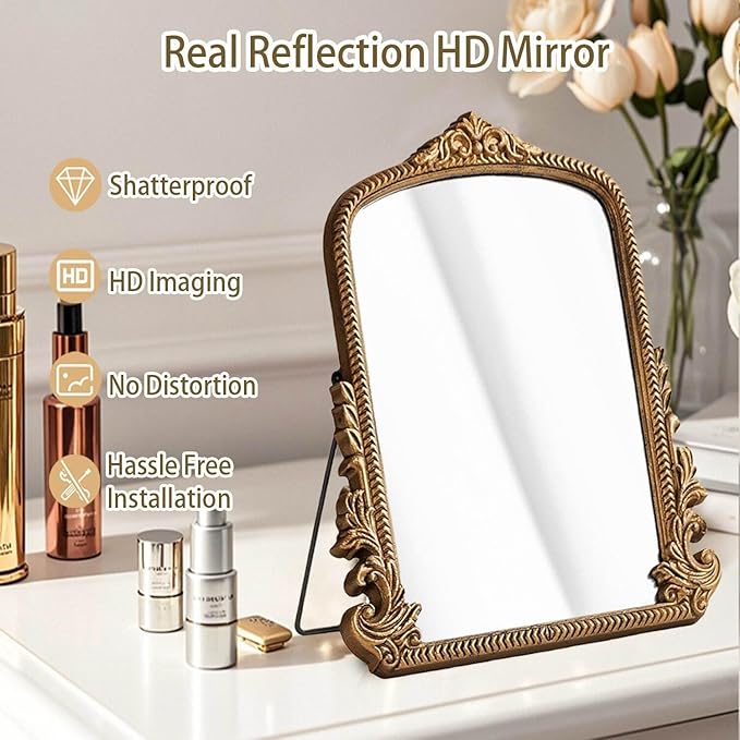 Small Vintage Vanity Makeup Desk Mirror Antique Traditional Chic Arch Table Mirror Gold，Decor Wood Framed Small Standing Carved Arendahl Mirror for Living Room,Bedroom,Tabletop 11.8" x 9.6"