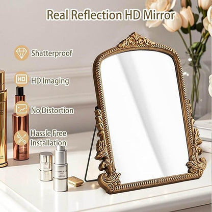 Small Vintage Vanity Makeup Desk Mirror Antique Traditional Chic Arch Table Mirror Gold，Decor Wood Framed Small Standing Carved Arendahl Mirror for Living Room,Bedroom,Tabletop 11.8" x 9.6"