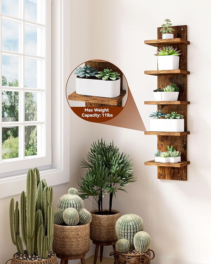 IBUYKE 5 Tier Wall Shelf Unit,Brown Vertical Shelf,Decorative Wall Mount Vertical Shelving for Home, Bedroom,Living Room,Office Decor WBC009H