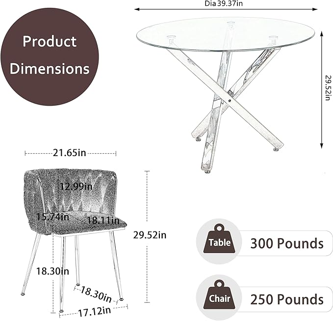 Golden Round Glass Dining Table Set for 4, 39'' Clear Dinner Table Set, 5 Pieces Modern Luxury Circle Kitchen Table and Green Woven Chairs Set, Minimalist Circular Dinette Set, for Small Place