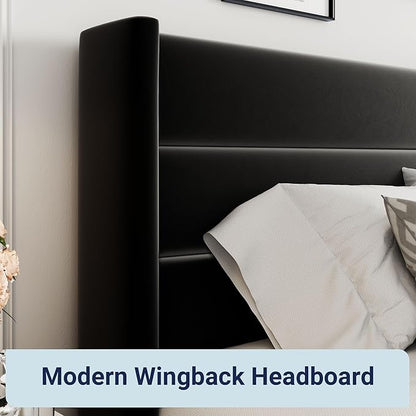 Allewie Full Size Velvet Lift Up Storage Bed, Modern Wingback Headboard, Hydraulic Support, No Box Spring Needed, Black