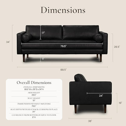 Poly & Bark Napa Leather Couch - 88.5-Inch Office Sofa with 2 Bolsters - Full-Grain Leather Sofa for Living Room with Feather-Down Topper - Living Room Couch - Vintage Italian Leather in Onyx Black