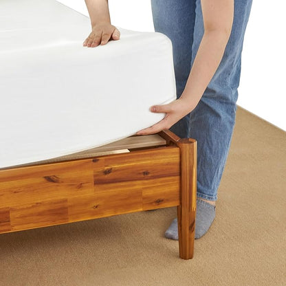 Bme Oliver King Bed Frame and Headboard - 15-Inch Signature Design with Rattan Headboard, Bohemian and Mid Century Style, 12-Slat Wood Support, No Box Spring Needed - Easy Assembly, Caramel