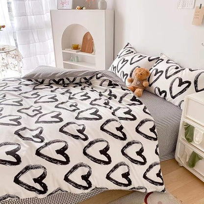 Pureant Love Comforter Set Queen Black and White Comforter Cotton Boho Black Quilts Women Men Heart Shaped Comforters Boys Teens Kawaii Comforter Cute Soft White Bedding Love Heart Queen Size Bedding
