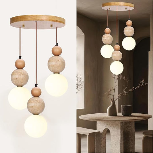 Wabi Sabi Pendant Light,3-Light Travertine Stone Fixture-Japandi Japanese Style Lamp,Nordic Wood Chandelier,Spherical Scandinavian Pendant Light Suits Kitchen Islands,Dining & Living Rooms(Log Color)