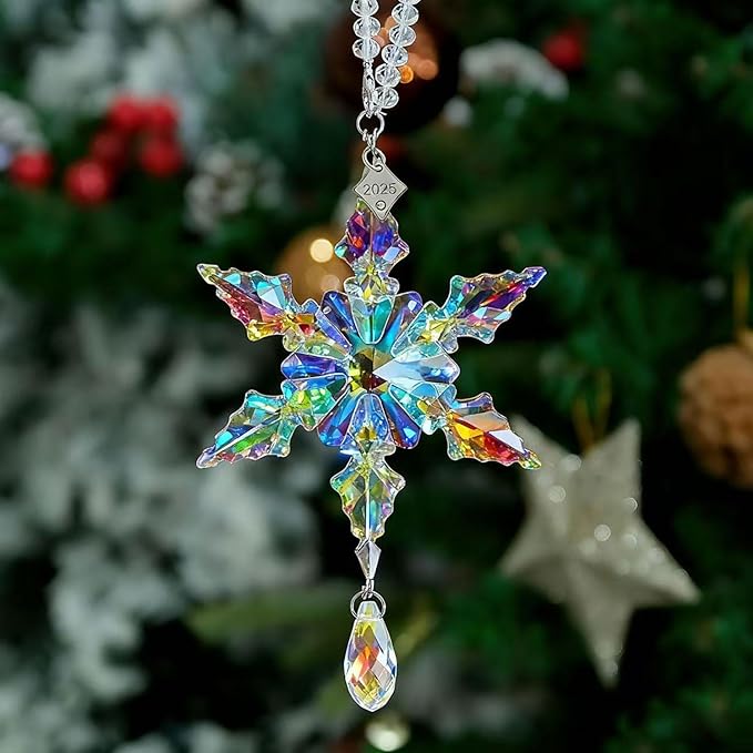 2025 Annual Christmas Ornaments Crystal Snowflake Star - Christmas Tree Ornaments Pendant Sun Catcher Home Hanging Decor (2025 Colored Crystal 2 Layers)