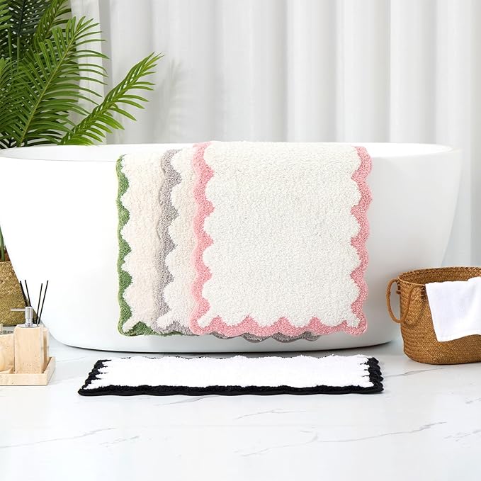 ORTIGIA Long Cute Scalloped Bathroom Rugs Runner, Fun White and Green Plush Microfiber Scallop Bath Mats Non Slip Washable Quick Dry Absorbent, Rug for Bathtub Sink Laundry Room Bedroom, 17x47