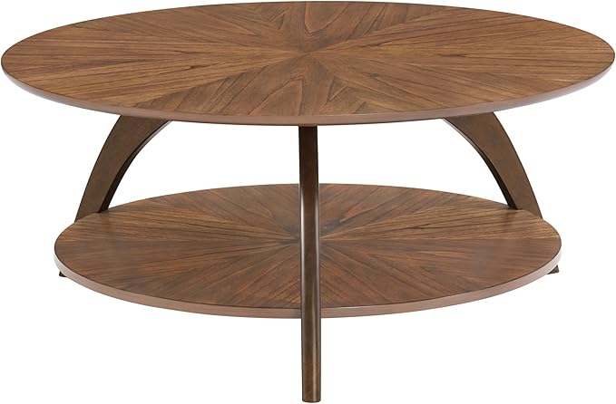 Martin Svensson Home LAX Retro Mid-Century Modern Round Wood Coffee Table with Lower Shelf, Cocktail Table for Living Room or Den. Caramel Brown with Walnut Brown Legs.