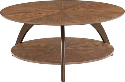 Martin Svensson Home LAX Retro Mid-Century Modern Round Wood Coffee Table with Lower Shelf, Cocktail Table for Living Room or Den. Caramel Brown with Walnut Brown Legs.