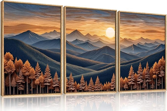 HOURIA Large Woodland Mountain Sunset Framed Canvas Wall Art Set,Wilderness Wooden Forest Landscape Wall Decor,Nature Botanical Artwork,Boho Pine Tree Art Print for Living Room,Bedroom- 16"x24"x3
