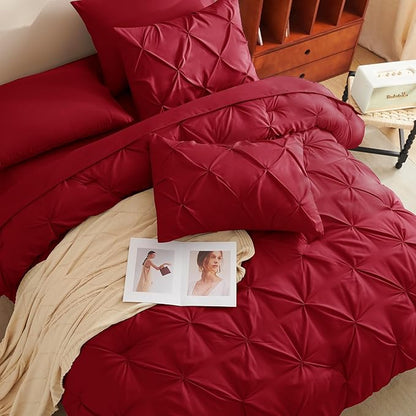 CozyLux Full Size Comforter Sets Dark Red, 7 Pieces Pintuck Bed in A Bag Red Comforter Full Size, Pinch Pleat Bedding Sets with All Season Comforter, Sheets, Pillowcases & Shams