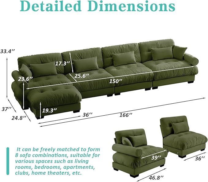 SoarFlash Sectional Couches for Living Room, L Shaped Sofa Couch with Velvet Fabric, 4 Seat Modern Sofa with Ottoman, Removable Pillows for Apartment, Green