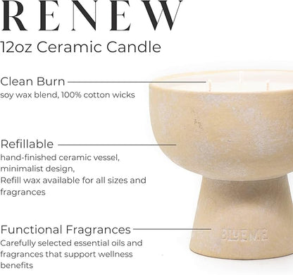 BLUEME Renew - Ivy & Rose, Luxury Candle w/Essential Oils, 3 Wick, Hand-Poured Soy, Cotton Wick, Ceramic
