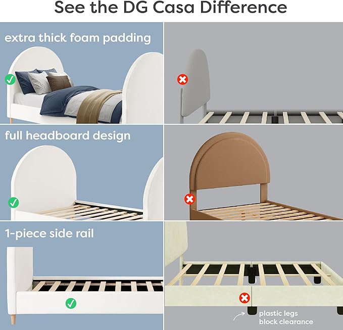 DG Casa Boucle Cloud Daybed Frame with Arched Side Panels, Upholstered in Cream White Fabric, Twin Platform Bed Frame with Solid Wood Legs – Boho or Modern Style – No Box Spring Needed