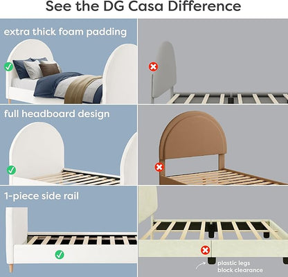 DG Casa Boucle Cloud Daybed Frame with Arched Side Panels, Upholstered in Cream White Fabric, Twin Platform Bed Frame with Solid Wood Legs – Boho or Modern Style – No Box Spring Needed
