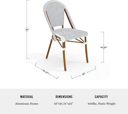 Martha Stewart Lily Pond Indoor Outdoor Stackable Bistro Outdoor Chairs with Natural Woodgrain Aluminum Frame Finish, White/Navy Woven Rattan Backrests/Seats, Set of 2