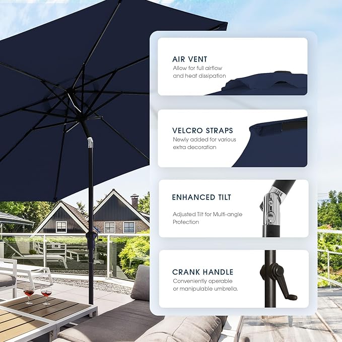 wikiwiki 9FT Patio Umbrellas Outdoor Table Market Umbrella with Push Button Tilt/Crank, 8 Sturdy Ribs, Fade Resistant Waterproof POLYESTER DTY Canopy for Garden, Lawn, Deck,Backyard&Pool,Midnight Blue