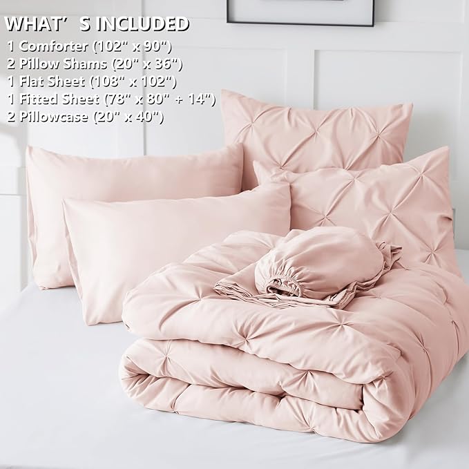 CozyLux King Size Comforter Set Blush Pink, 7 Pieces Pintuck Bed in A Bag Pink Comforter King Size, Pinch Pleat Bedding Set with All Season Comforter, Sheets, Pillowcases & Shams