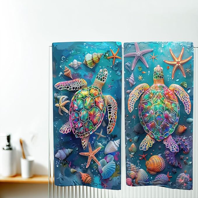 Sea Turtle Kitchen Dish Towels Set of 2 Absorbent Hand Towels 16x24 Farmhouse Starfish Seashells Sea Turtle