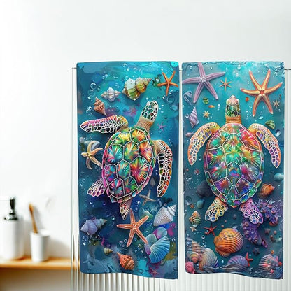 Sea Turtle Kitchen Dish Towels Set of 2 Absorbent Hand Towels 16x24 Farmhouse Starfish Seashells Sea Turtle