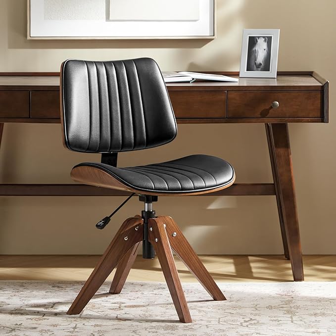 HULALA HOME Desk Chair with Solid Wood Legs, Adjustable Height & 360° Swivel, Comfy Bentwood Faux Leather Tufted Task Chair, Black