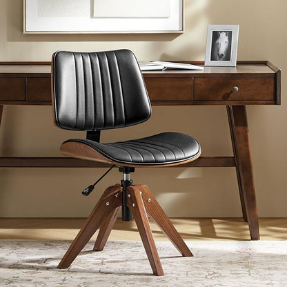 HULALA HOME Desk Chair with Solid Wood Legs, Adjustable Height & 360° Swivel, Comfy Bentwood Faux Leather Tufted Task Chair, Black