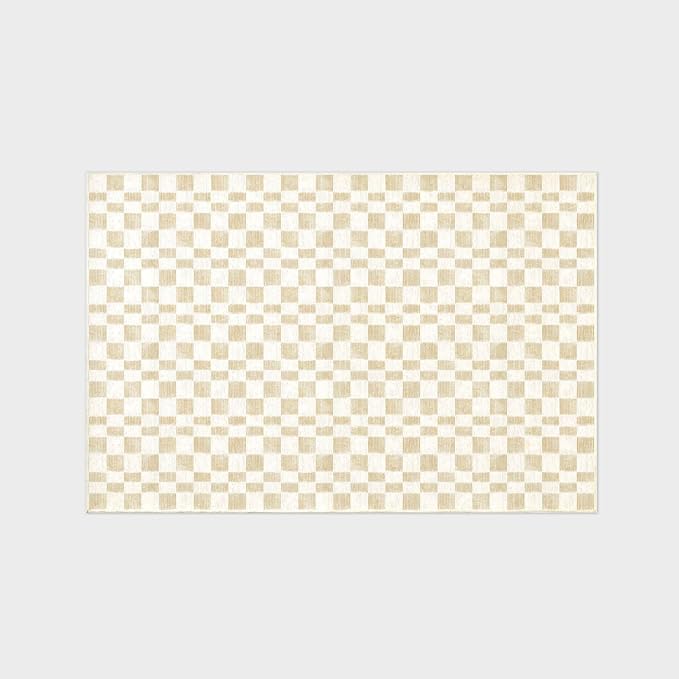 EVERGRACE Checkered Plaid Area Rug 6x9, Soft Faux Wool Rugs Washable Anti Slip Rugs Large Rug Carpet for Entryway Bedroom Living Room Hallway Kitchen Dining Room and Laundry Room, Beige