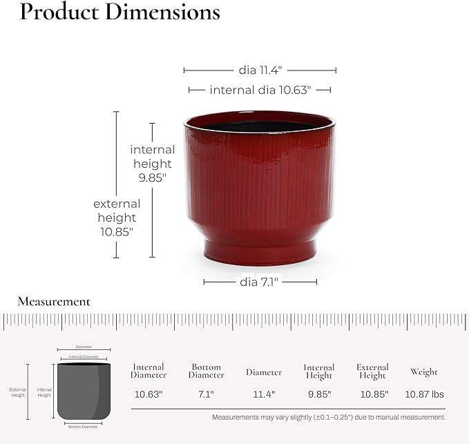 LuxenHome 11" Dia Ceramic Planters, Large Outdoor Indoor Plant Pots with Drainage Holes and Rubber Plug, Modern Red Glazed Round Flower Pot Planters for Home Garden Patio or Office