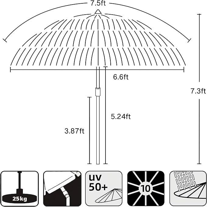 AMMSUN 7.5ft Hula Thatched Tiki Patio Beach Umbrella Hawaiian Style 10 Ribs UPF 50+ with Tilt Carry Bag for Outdoor Tiki Bar, Tropical Palapa, Patio Garden Beach Pool Backyard Natural Color