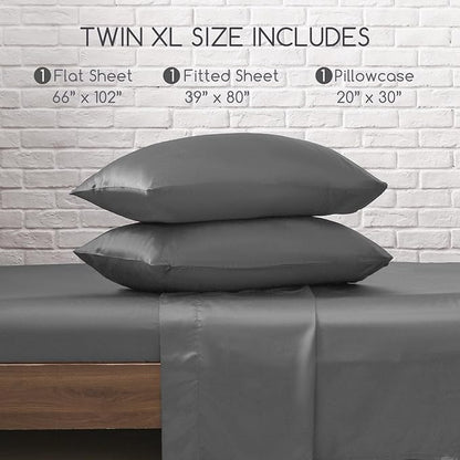 MR&HM Satin Bed Sheets, Twin XL Size Sheets Set, 3 Pcs Silky Bedding Set with 15 Inches Deep Pocket for Mattress (Twin XL, Dark Grey)