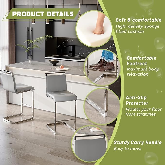 Bar Stools Set of 2, 25" Counter Height, Modern, Silver, Light Grey Faux Leather with Chrome Plated Metal Leg, Ideal for Kitchen Island, Pub, Bar, Restaurant Dining Chair