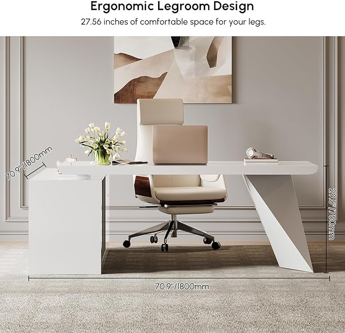 homary 70.9" Modern L-Shape Executive Desk, Home Office Desk with Drawers & Cabinet Modern Computer Desk for Home Business Furniture, White, Right Hand