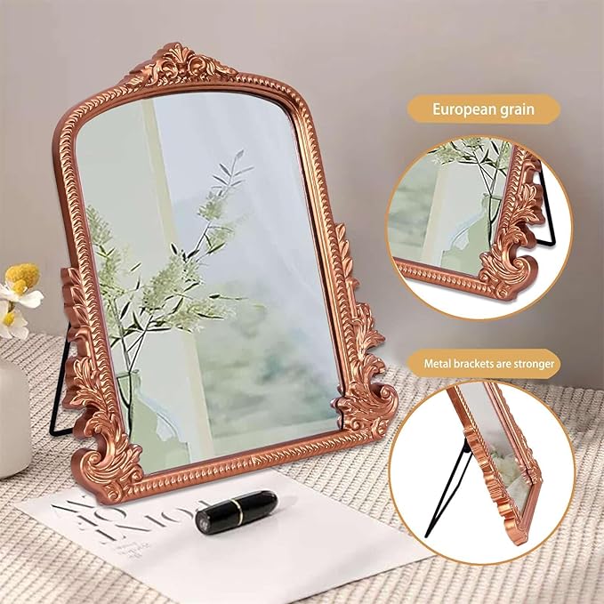 Rose Gold Makeup Mirror, Small Standing Vanity Mirror Decorative Ornate Arched Desk Mirror with Carved Wood Frame, for Bedrooms,Living Rooms Table Top and Salon 11.8" x 9.6"