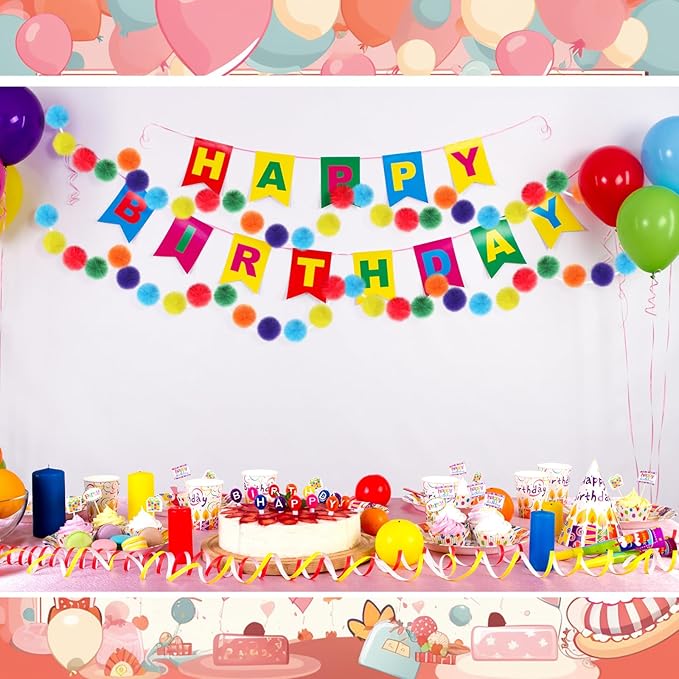 2 Pack Large Pom Poms Garland Hanging Decorations Colorful Soft Faux Rabbit Fur Ball Garland for Easter Xmas Holiday Wedding Baby Shower Birthday Party Supplies(Bright Color,2.36 Inch)