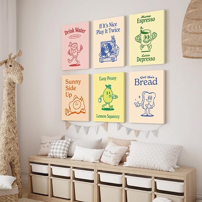 Retro Trendy Wall Art Decor Kitchen Aesthetic Canvas Wall Art Vintage Cute Pictures Funny Posters Retro Pink Prints Vintage Gallery Painting Funky Artwork for Room 12x16 Inch Set of 6 Ready to Hang