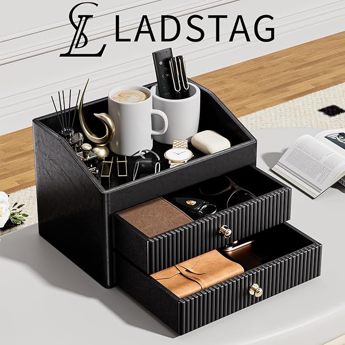 Desk Accessories,Black Vegan Leather Desk Organizers with 1 Draw Remote Control Holder with Gold-Tone Metal Accents Knob, Bedroom