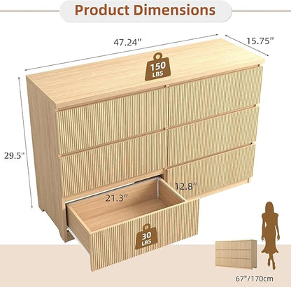 Fluted Dresser for Bedroom,6 Modern Large Wood Dresser,Chest of Drawers for Bedroom, Living Room,Hallway,Entryway,TV Stand Drawer Organizer(Fluted Natural)