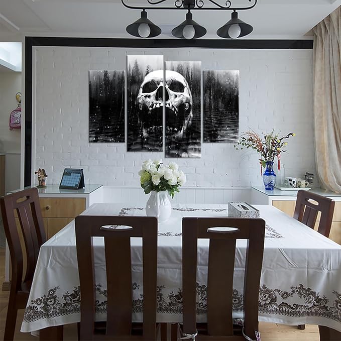 iHAPPYWALL Halloween Day of Dead Skull in Dark Foggy Lake Abstract Black and White Contemporary Picture Print 4 Panel Large Canavs for Modern Home Decoration Ready to Hang