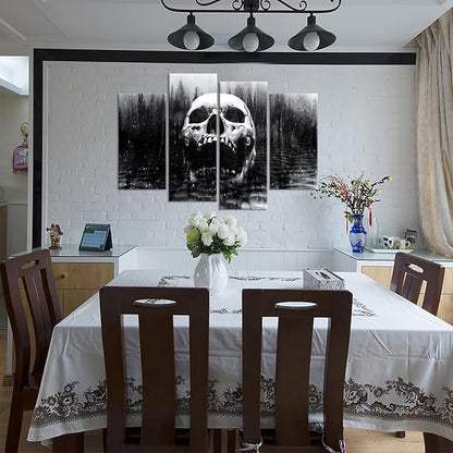 iHAPPYWALL Halloween Day of Dead Skull in Dark Foggy Lake Abstract Black and White Contemporary Picture Print 4 Panel Large Canavs for Modern Home Decoration Ready to Hang