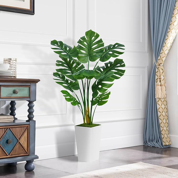 Artificial Monstera Deliciosa Plant 5FT - Faux Tropical Palm Tree with White Tall Planter - Fake Swiss Cheese Floor Plant Potted - Artificial Tree for Home Office Living Room Decor Indoor