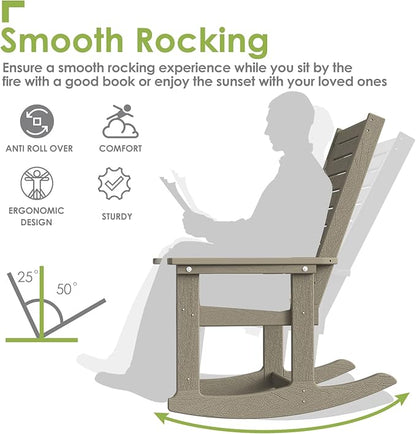 GREENVINES Outdoor Rocking Chairs | Set of 4 | Porch Rocker | HDPE Plastic | Wood Grain | Oversized Rockers | High Back | Big & Tall | Ladder Back | Desert Brown | for Patio Outside