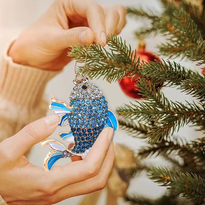 Fish Ornament, Fishing Ornaments for Christmas Tree - Christmas Ornaments for Men, Kids - Unique Beautiful Goldfish with Rhinestone, Gifts for Fisherman
