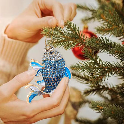 Fish Ornament, Fishing Ornaments for Christmas Tree - Christmas Ornaments for Men, Kids - Unique Beautiful Goldfish with Rhinestone, Gifts for Fisherman